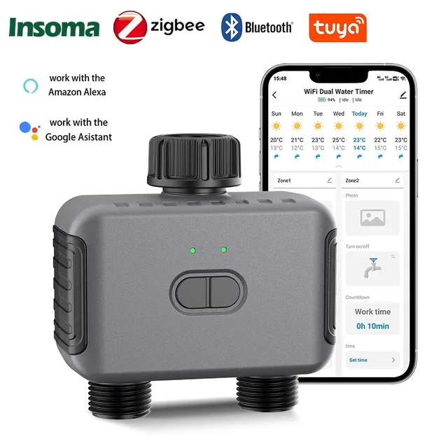 Zigbee/BT minuterie d'eau automatique double tuyau système d'arrosage d'arrosage de jardin robinet arroseur programmeur prise en charge Alexa IPX5 1