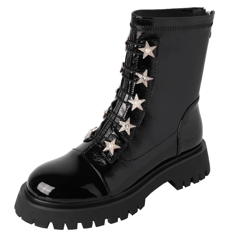 

Dropshipping Luxury Rhinestone Star Motorcycle Boots Increased Thickness And Plush Patent Leather For Slimming Short Boots New