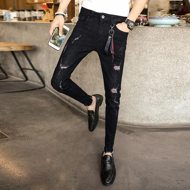 Summer 2022 Teenagers Street Ankle Length Ripped Hole Dark Jeans Men's Korean Tight Beggar Feet Pants Skinny Men's Pencil Pants