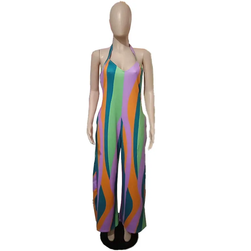 Colorful Print Halter Lace Up Backless Jumpsuit Sexy Slim Elegant Wide Leg Sleeveless Rompers Summer Overalls Clothing