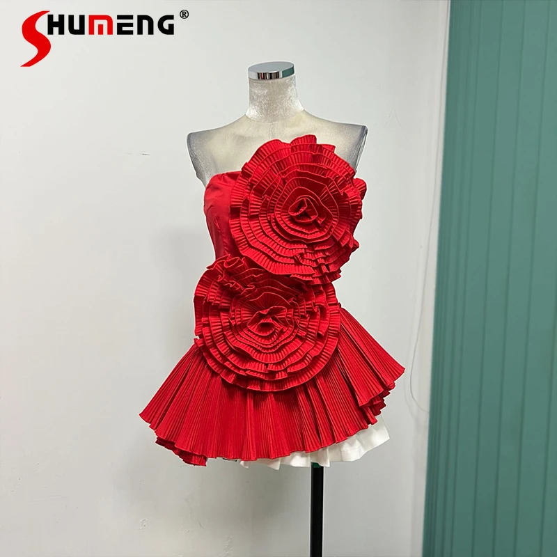 

2023 Summer New Sweet Three-Dimensional Flower Pleated Ruffled Tube Top for Women Backless Shirts Party Blouses Red Blusas Femme