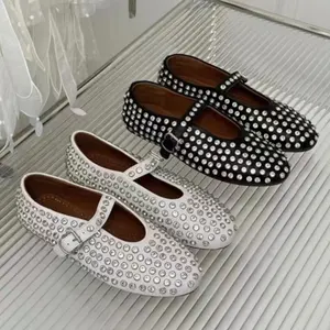 Stylish studded crystal women's mary jane ballet shoes laofers casual soft leather comfortable flats