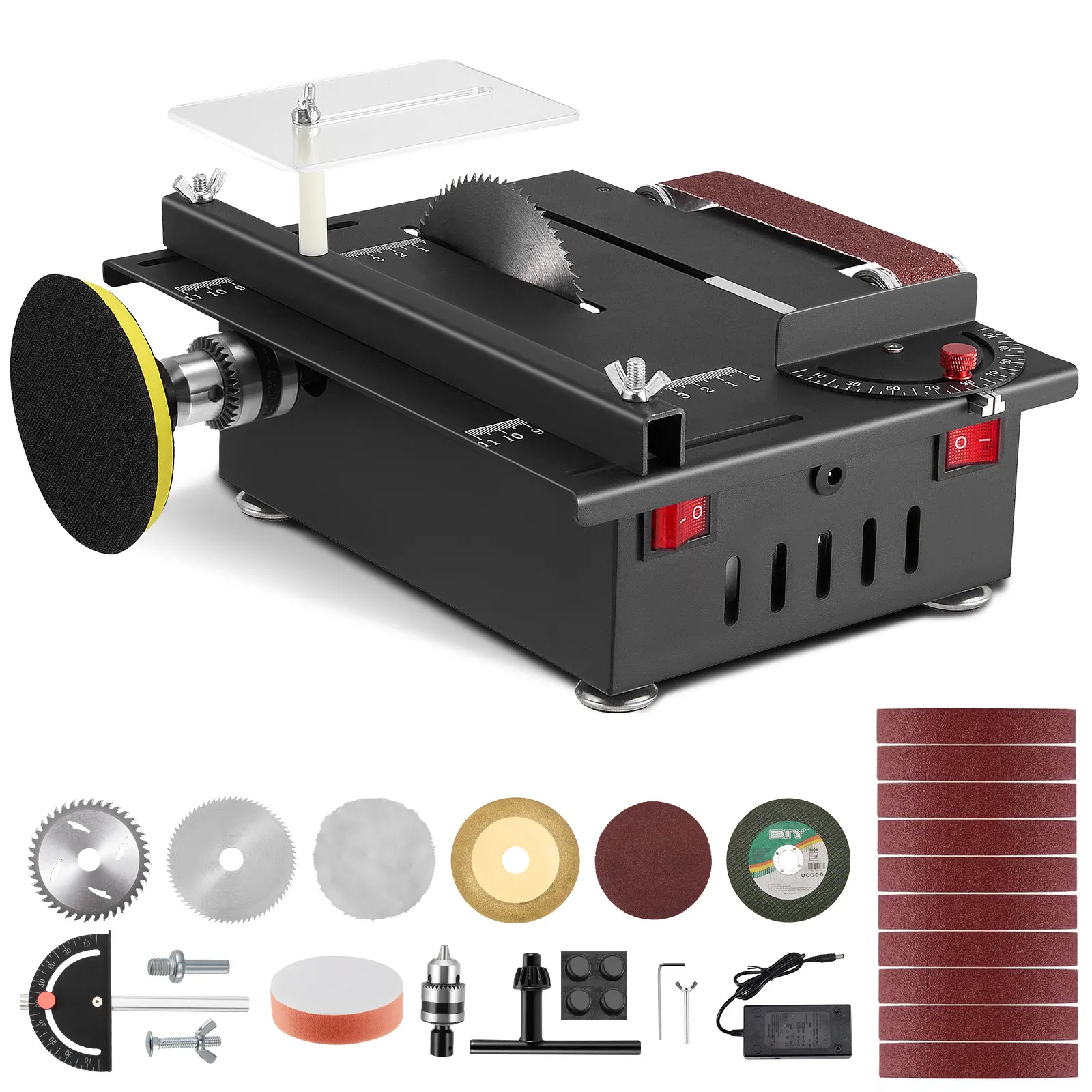 200W Mini Table Saw with Belt Sander Portable DIY Miniature Table Saw with 4 Blades 0.1-30mm Saw Blade for Crafts Handmade Wood
