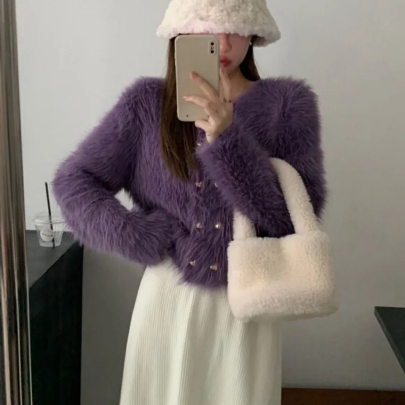Sweater Coat Women Autumn/Winter New French Short Top Imitation Mink Wool Knitted Cardigan Outer Wear Thick