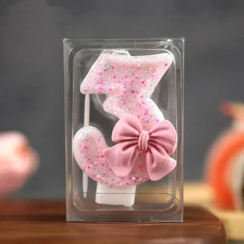 Cake Candles Decorative Candles Cute Sequin Pink Big Number Bowknot 3D Design Cake Topper