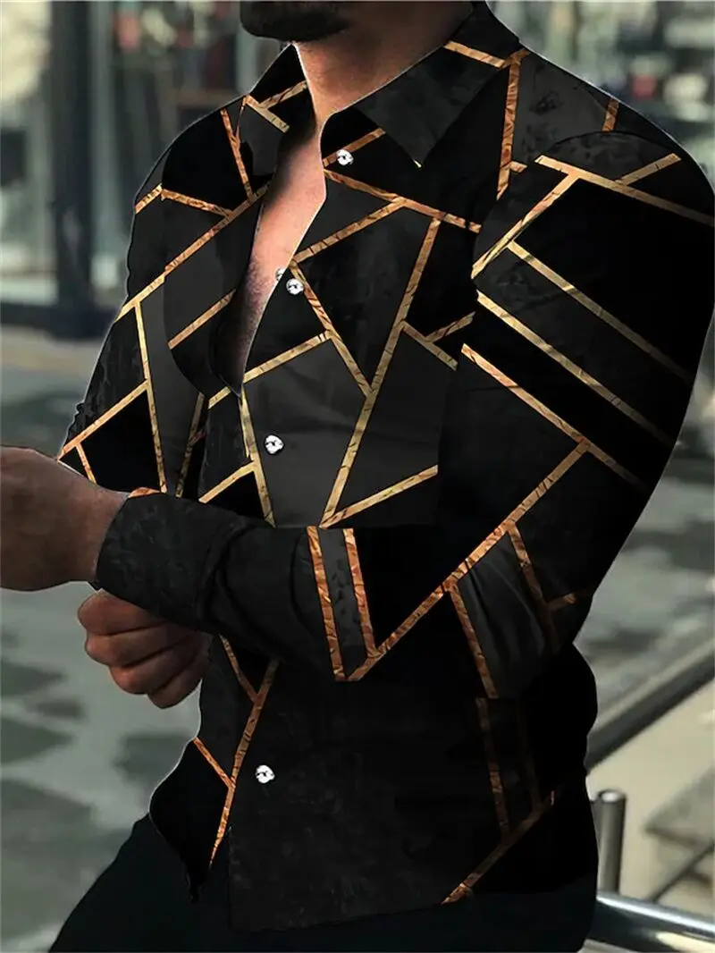 2023 European and American fashion casual printed long-sleeved lapel cardigan club street cool men's shirt casual loose style