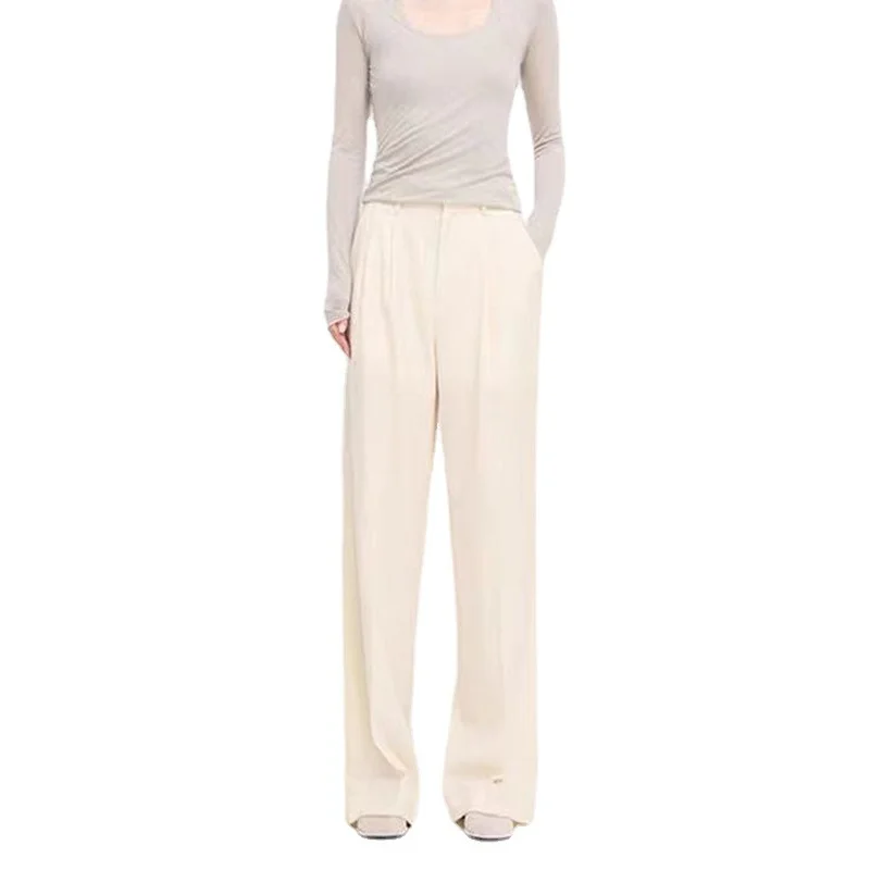 

Apricot Lined Lightproof Simple Loose Wool High Waist Wide Leg Pants
