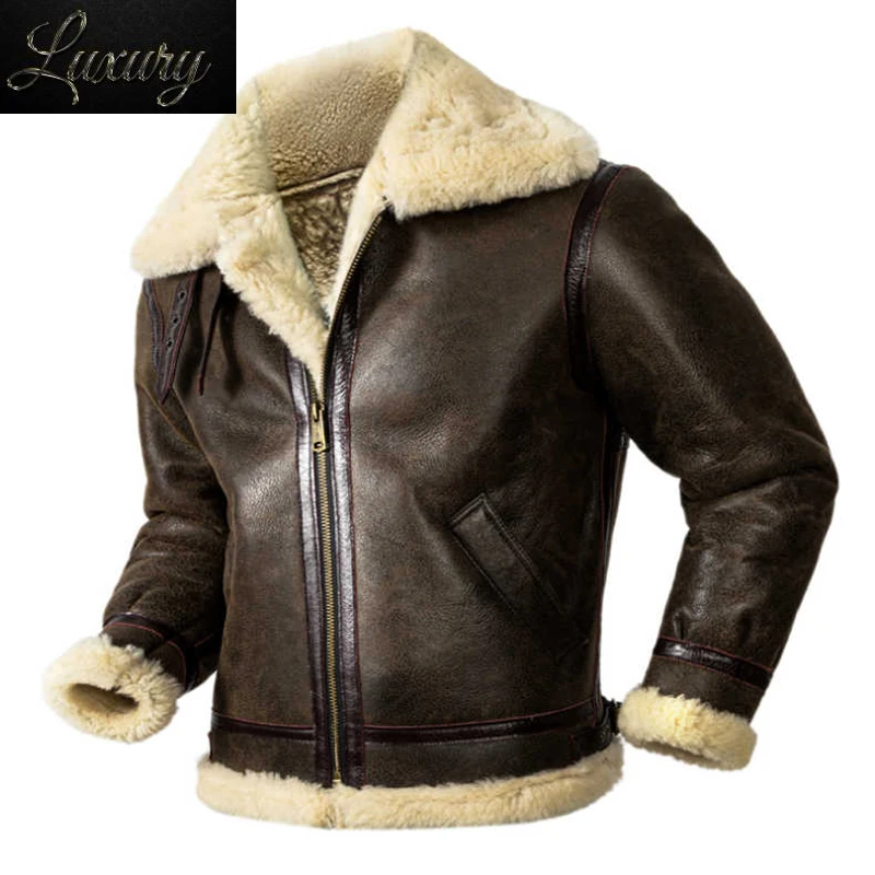 

2023 Men's Natural Shearling Thickened Warm Sheepskin Coat B3 Air Force Pilot Leather Jacket Brown European Size Winter