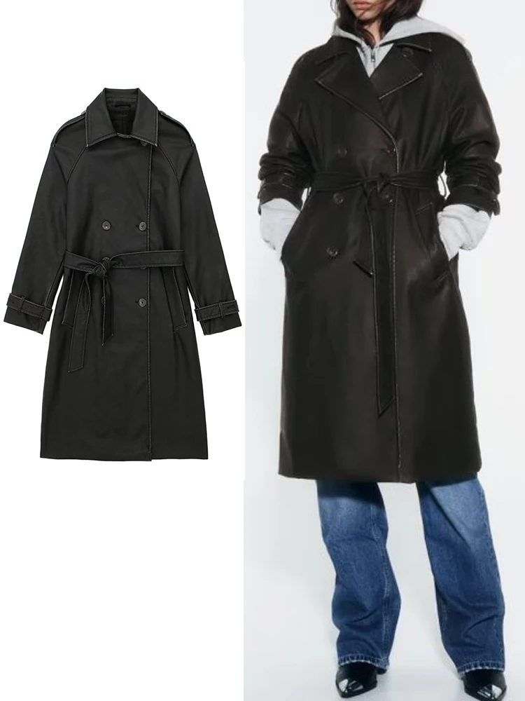 

TRAF Autumn Winter Women 2023 New Fashion With Belt Jacket Coats Faux Leather Trench Vintage Female Outerwear Chic Overcoat
