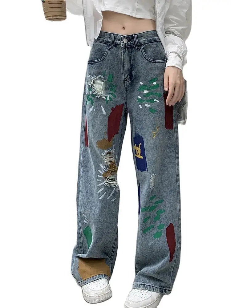 

Casual High Waist Perforated Denim Loose Wide Leg Pants 2023 Autumn New Fashion Women'S Clothing