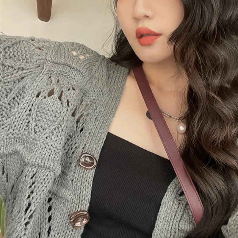 Fashion New Autumn Women's Clothing V-neck Cardigan Hollow Long-sleeved Sweater Casual Short Knitted Single Breasted Jacket