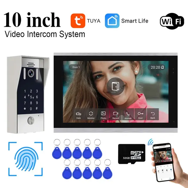 New 5in1 Fingerprint Unlock Tuya Smart 10inch Wifi Video Intercom System Video Door Phone Camera with Motion Detector 1080P 1