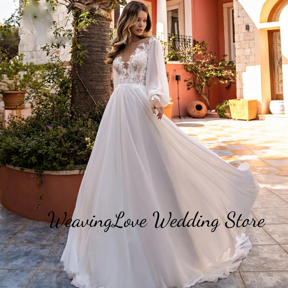 

Bohemian V-Neck Lace Appliques Wedding Dress Chiffon Backless With Button A-Line Floor Length Vestido De Casamento For Women