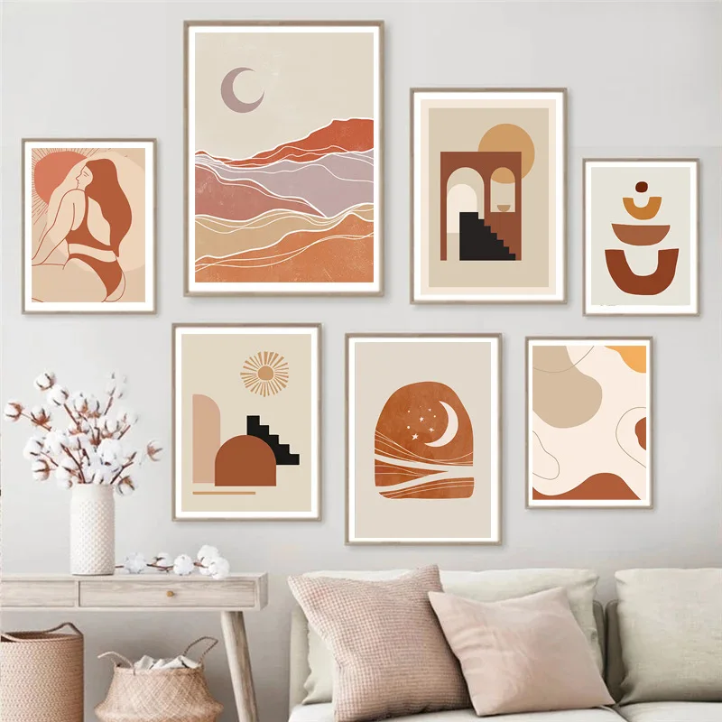

Настенный постер с абстрактным пейзажем Meranti, Скандинавская Геометрическая живопись, Декор для дома, гостиной, спальни, луна, солнце