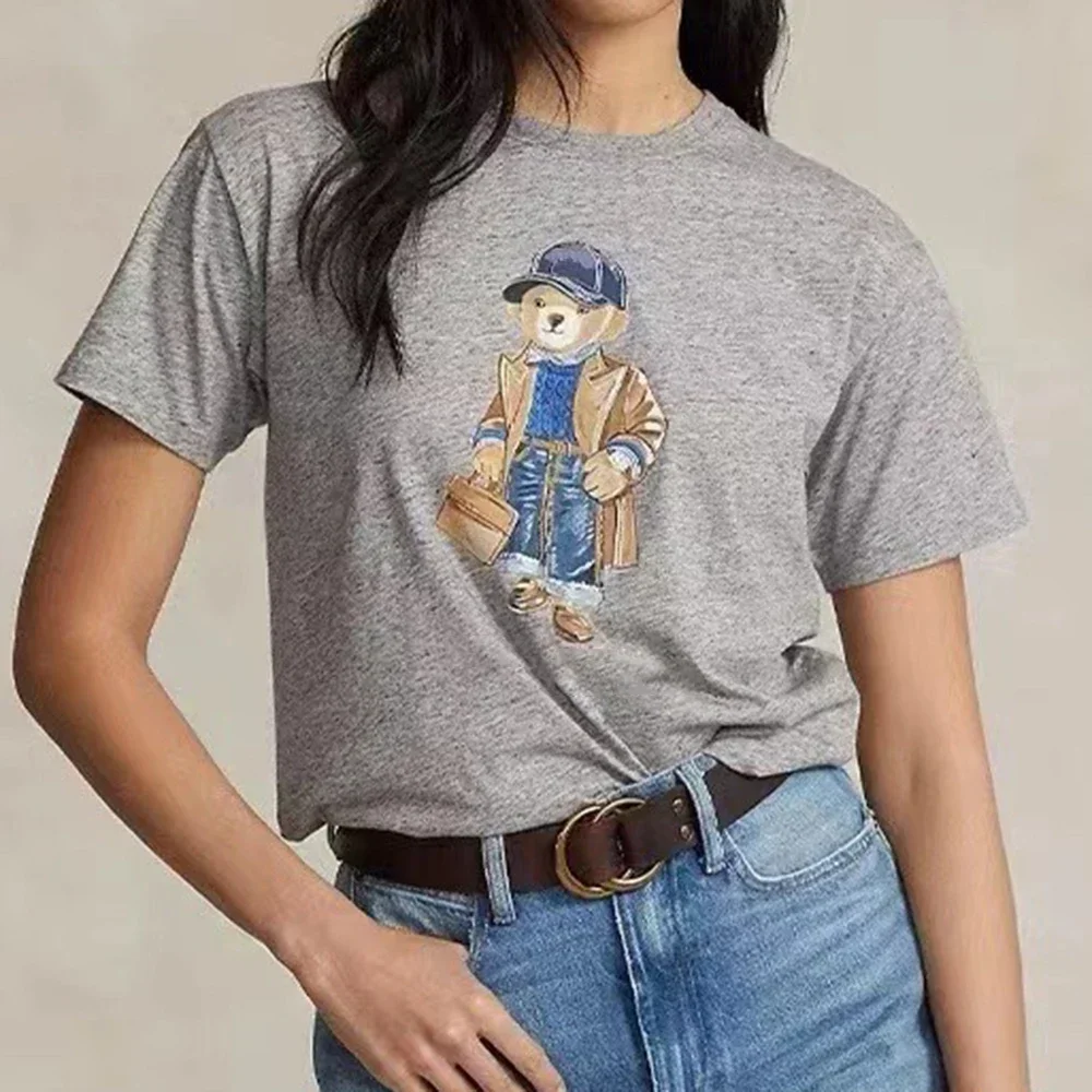 2024 여성용 코튼 탑 라운드넥 반팔 프린트 베어 티셔츠, 캐주얼 솔리드 코튼 포니 티셔츠, 여름 신상, 무료 배송