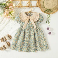 Girl Dress Summer Flower Printed Casual Dress Cute Collar Bow Elegant Outdoor Kids Clothes