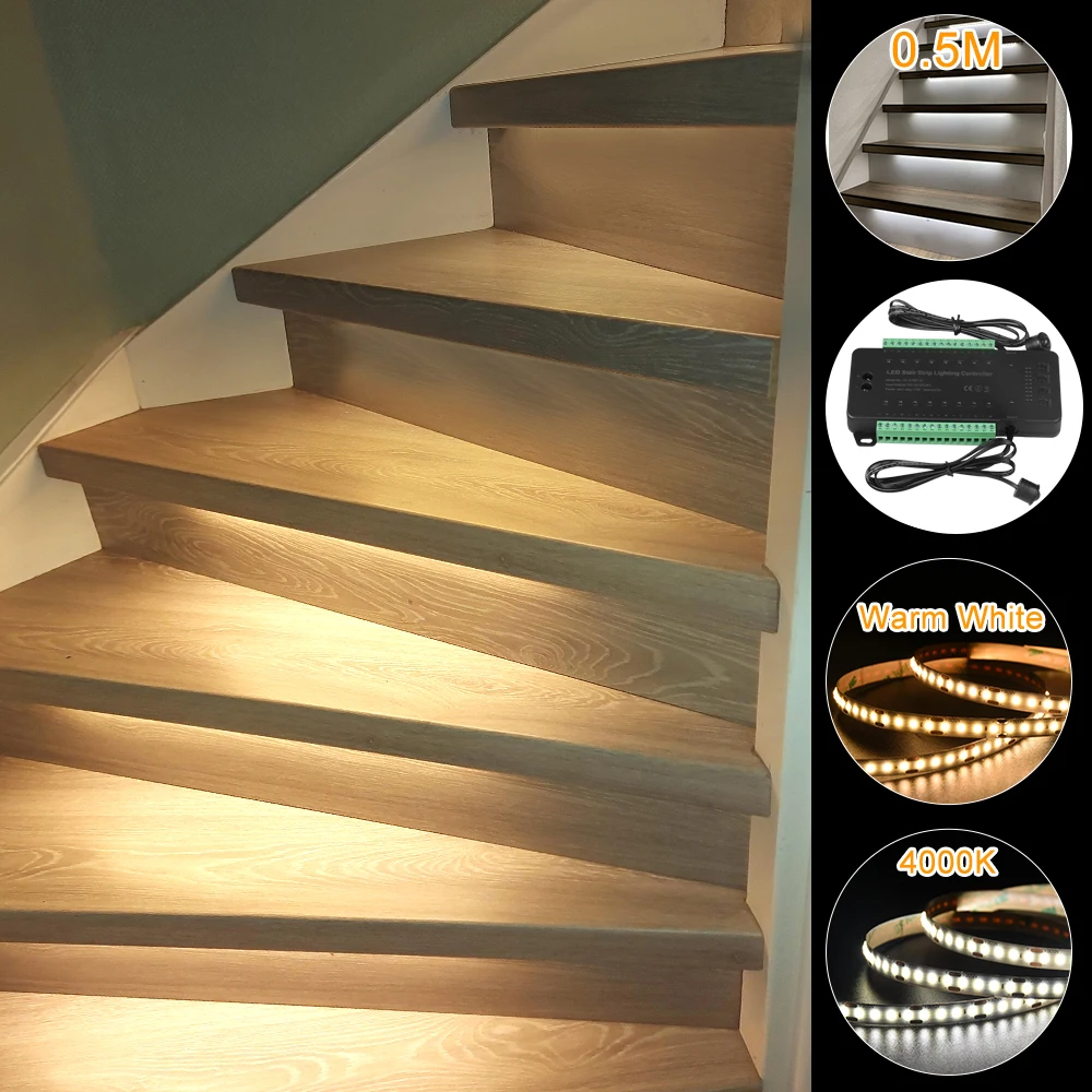 

LED Stair COB Light Strip With Black PIR Motion Sensor Stair Lighting Controller Plug and Play For 0.5M 1M 16 Steps Staircase