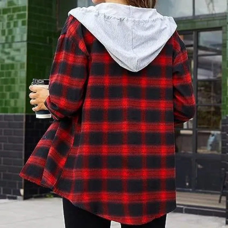 

Autumn and Winter Women's Hooded Plaid Drawstring Button Contrast Pocket Long Sleeve Cardigan Shirt Coat Fashion Casual Tops