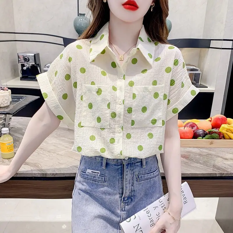 Korean Fashion Summer Women's POLO Collar Polka Dot Pockets Simplicity Versatile Single Breasted Short Sleeve Chiffon Shirt Tops