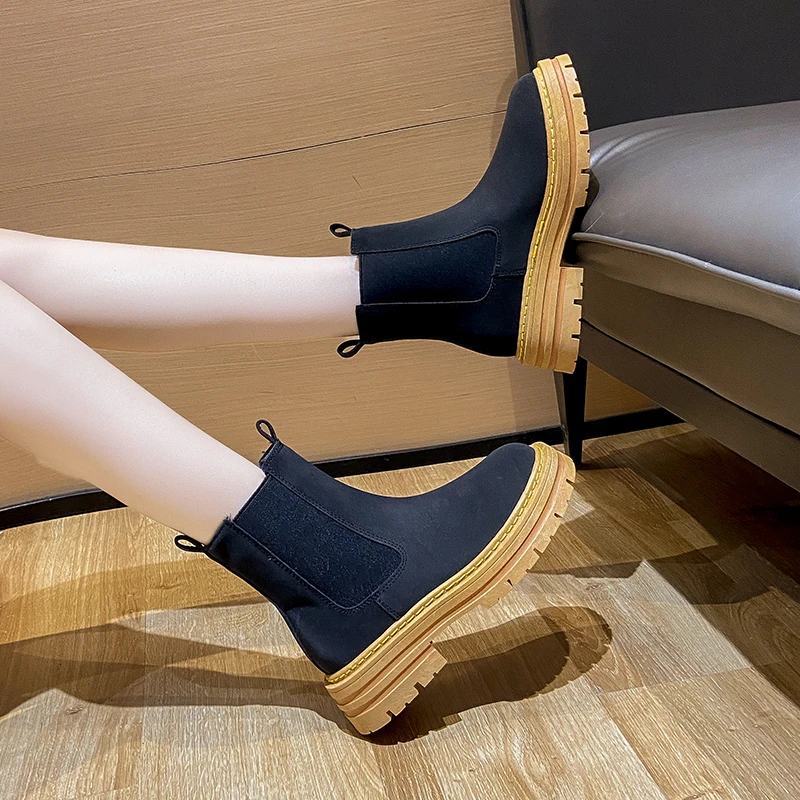 2023 Autumn Classic Pu Leather Ankle Boots Thick Bottom Women's Round Toe Ankle Boots Shoes Handmade Thick Heel Chelsea Boots