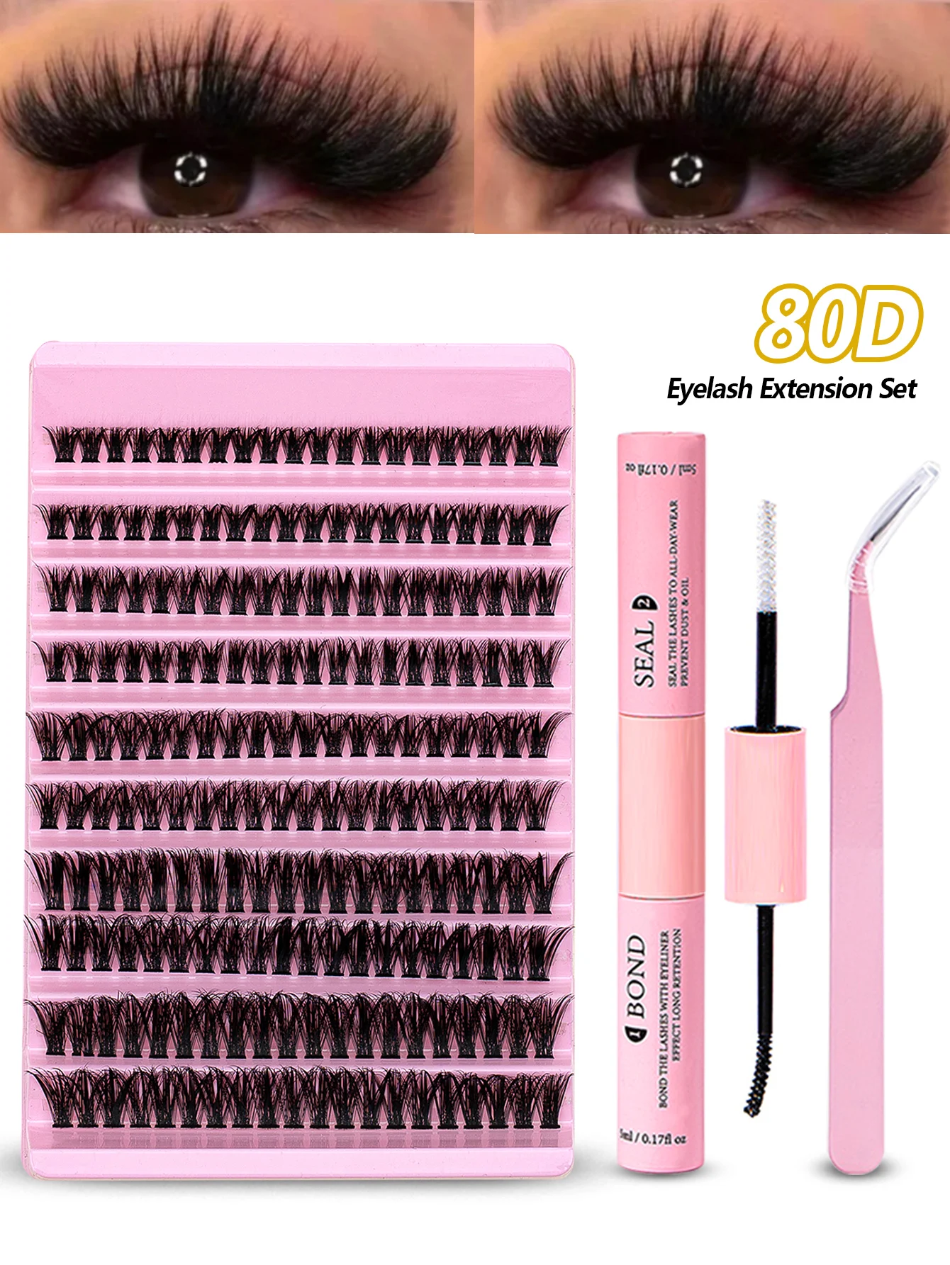 Fake eyelashes, DIY Eyelash Extension Kit, 200pcs Individual Lashes Cluster 80D, 8-16mm Mix Lash Clusters with Lash Bond, Seal and Tweezers