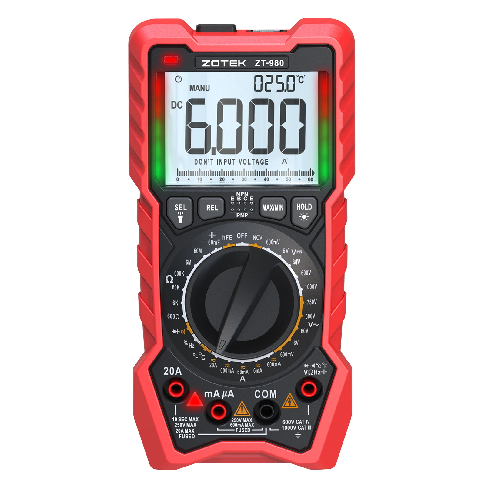 ZOTEK ZT-980 digital multimeter tester true RMS 6000 counts high precision display NCV measures voltage current resistance