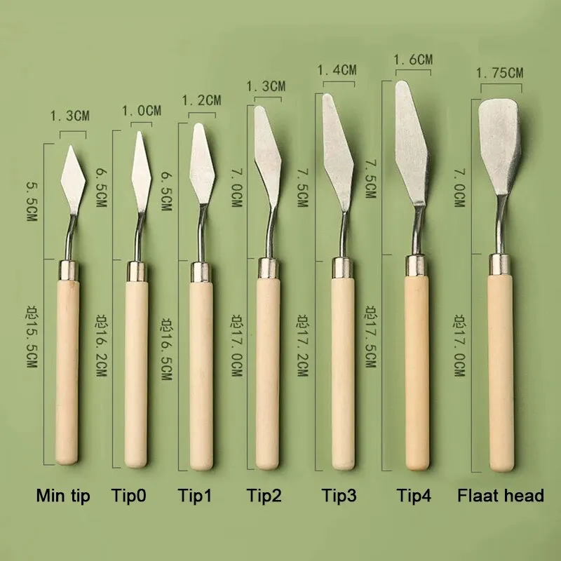 7pcs/set Art Oil Painting Scraper Wooden Flat Head Stainless Steel Pick Knife Gouache Paint Pointed Color Mixing Spatula Tools