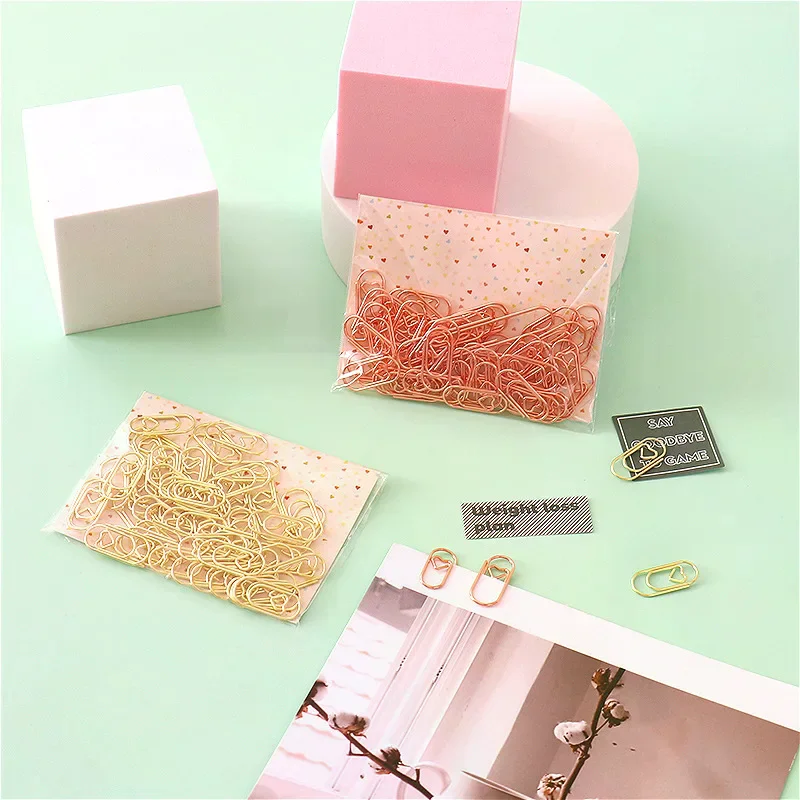 50개/봉투 미니 하트 골드 로즈골드 컬러 클립 북마크 바인더 클립 사무용품 종이 클립 패치워크 클립