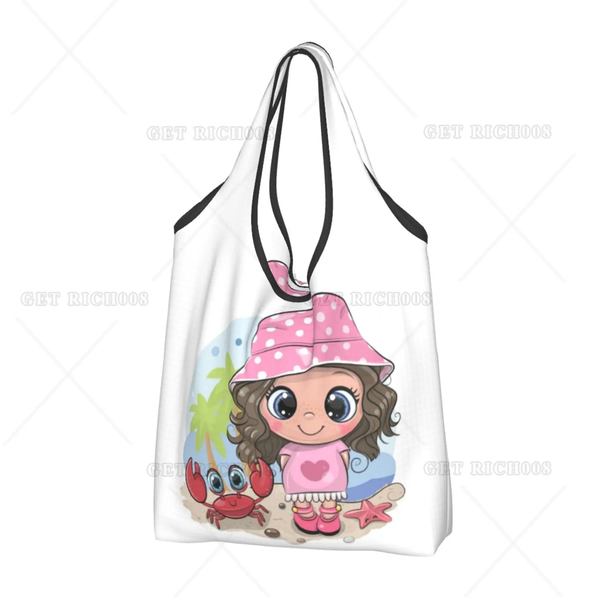 

Cartoon Girl Beach and Crab Shoper Bag Portable Tote Bag Recyclable Grocery Bags Women Hand Bag for Shopping Outdoor Foldable