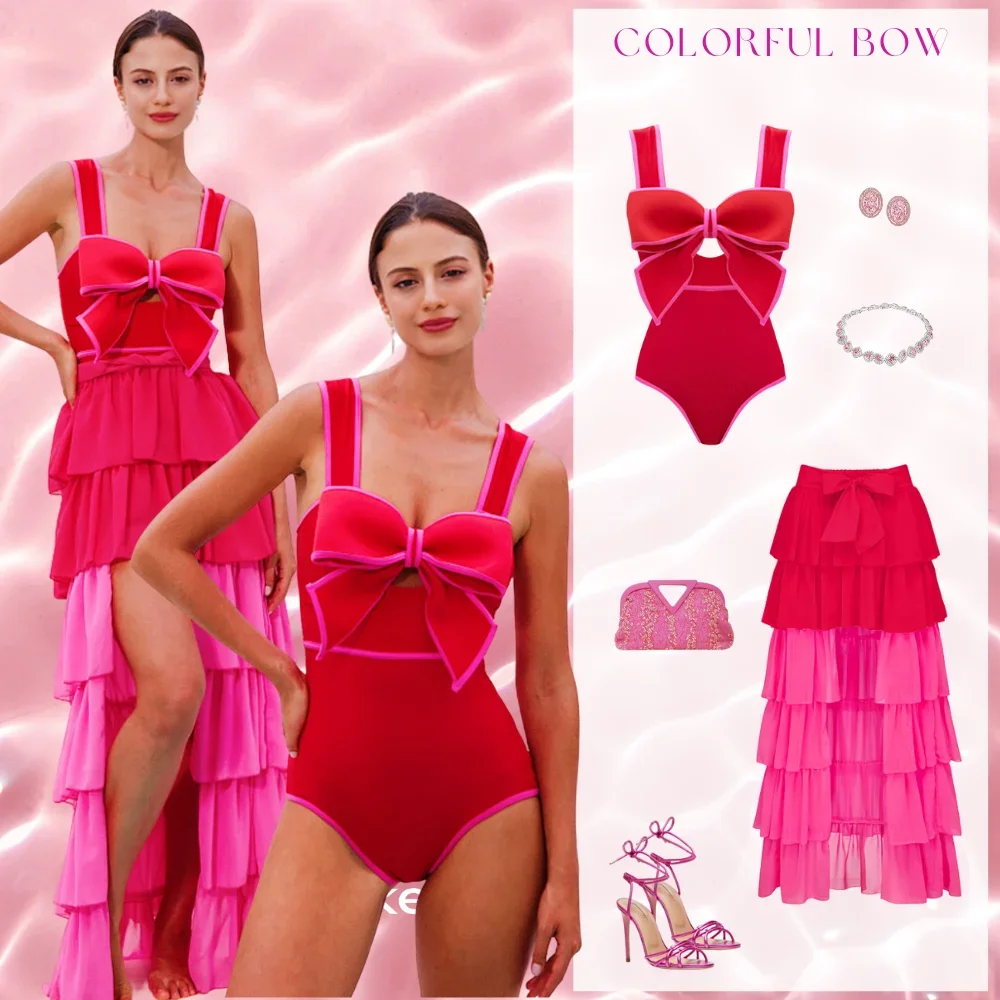 2024 New Women Vintage 3D Bow-tie One Piece Swimsuit Set Vacation  Swimwear Beachwear Bathing Suit Bikini Monokini  Bodysuit