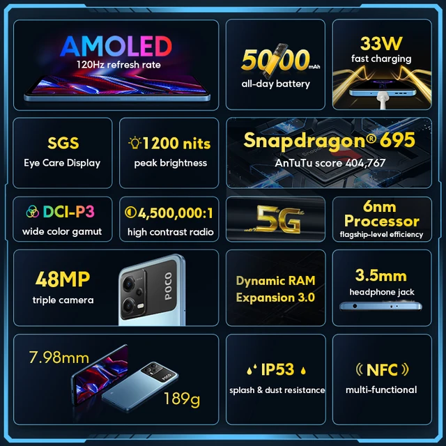 POCO X5-Téléphone portable 5G, version globale, 128 Go, 256 Go, 120Hz, AMOLED DotDisplay, Snapdragon 695, NDavid, 33W, charge rapide, appareil photo 48MP 4