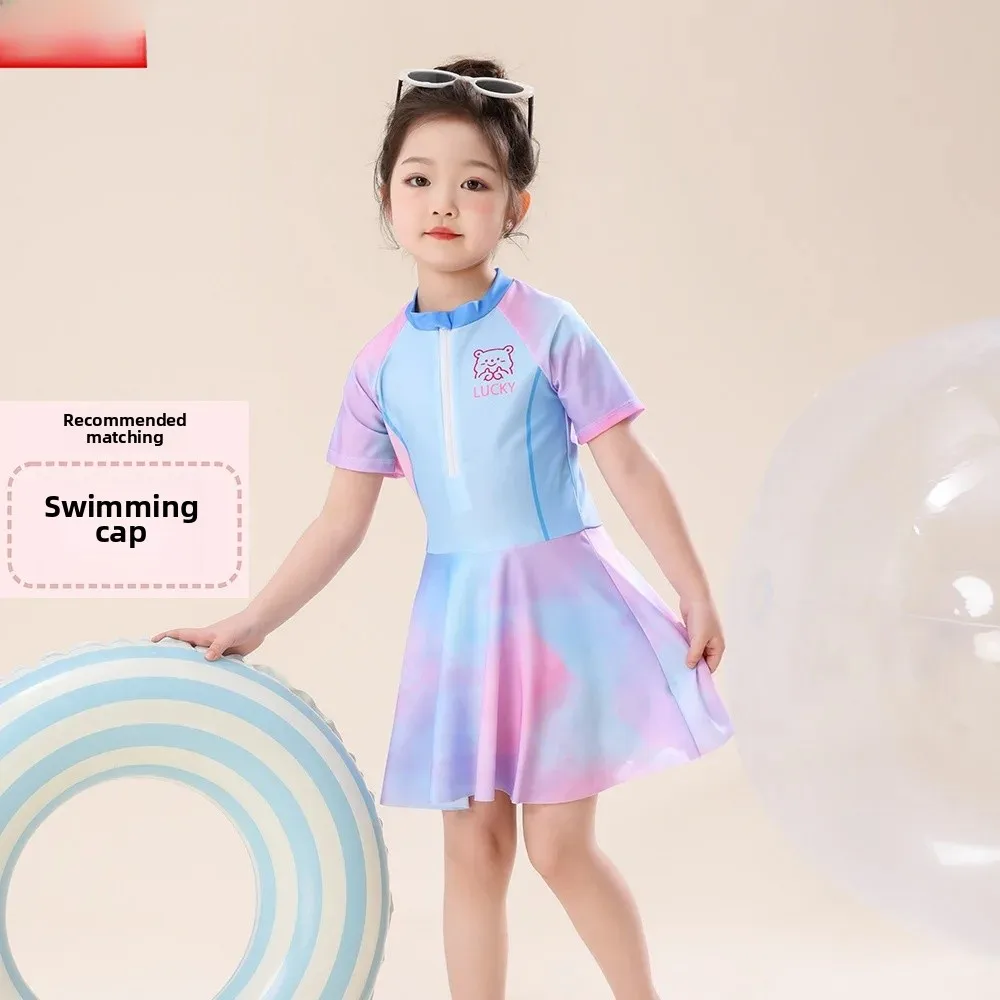 A9813 blue colorful swimsuit + swimming cap