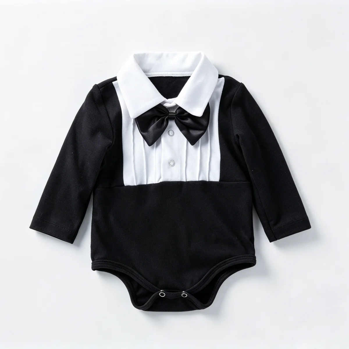 Body Elegante Nero e Bianco per Neonato con Papillon e Maniche Lunghe, Tutina da Gentiluomo per Battesimo, Feste e Servizi Fotografici - immagine 5