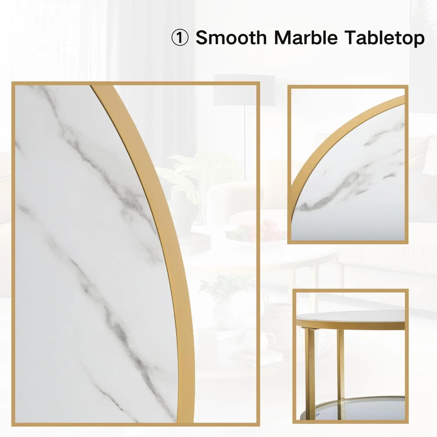Coffee Table, Small Round Coffee Table with Faux Marble Top and Glass Storage Shelf, 2-Tier Circle Center Table for Living Room 4