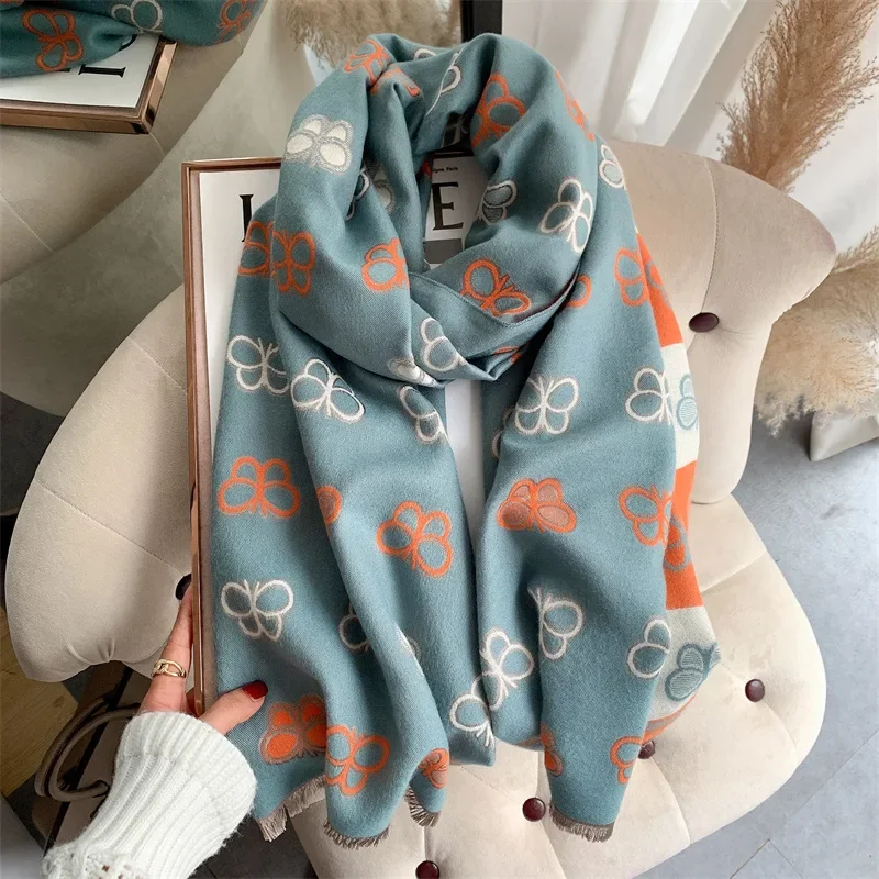 Women's Autumn and Winter Scarf Korean Version of Cute and Sweet Butterfly 100% Cashmere Thickening Warm Neck Scarf Double-sided