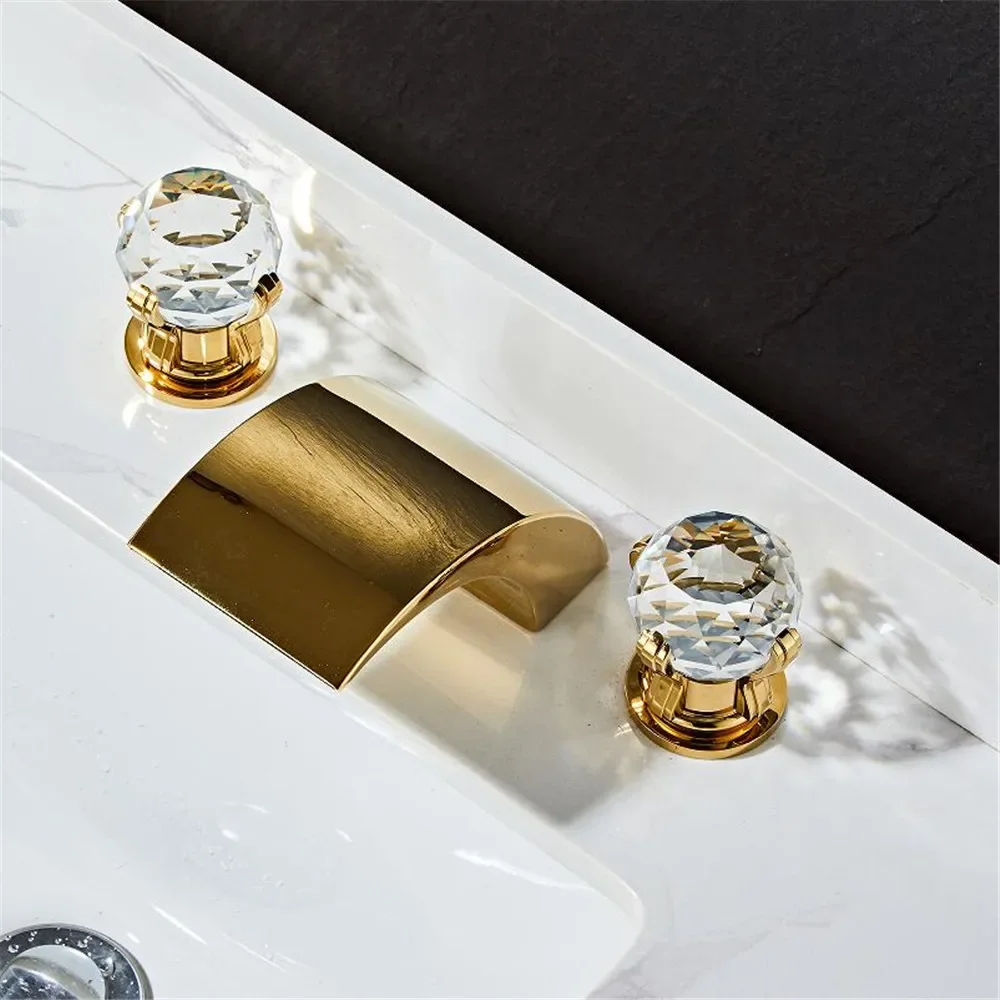 Description Picture 4 of itemGold Basin Faucet Brass Black Widespread Bathroom Crystal Sink Faucets 3 Hole Hot And Cold Waterfall Tap