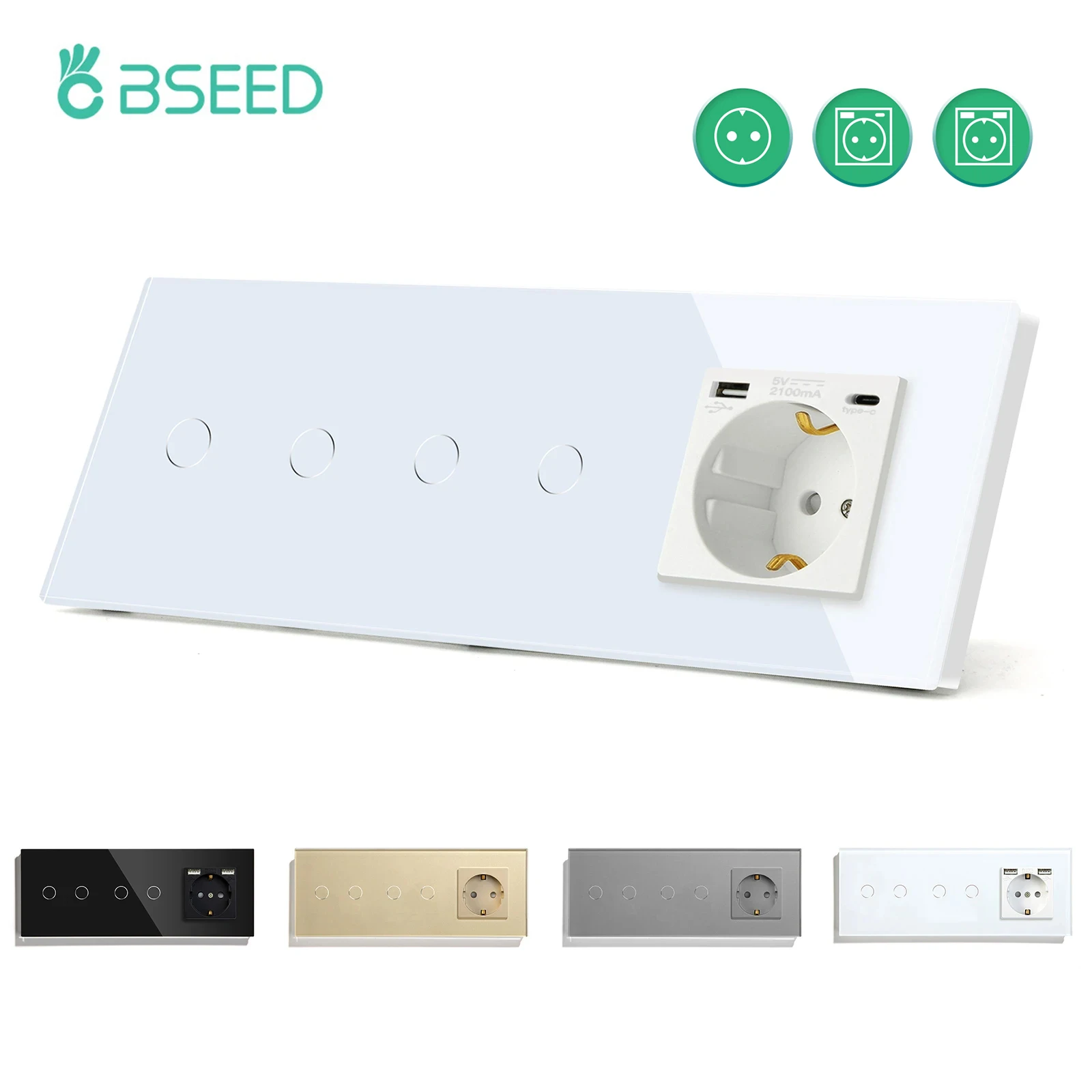 Bseed Padrão da ue Interruptores de Toque de Parede Duplo 2gang 1way com Usb Tipo-c ue Tomada de Parede Preto Branco Dourado Toque Interruptores de Luz