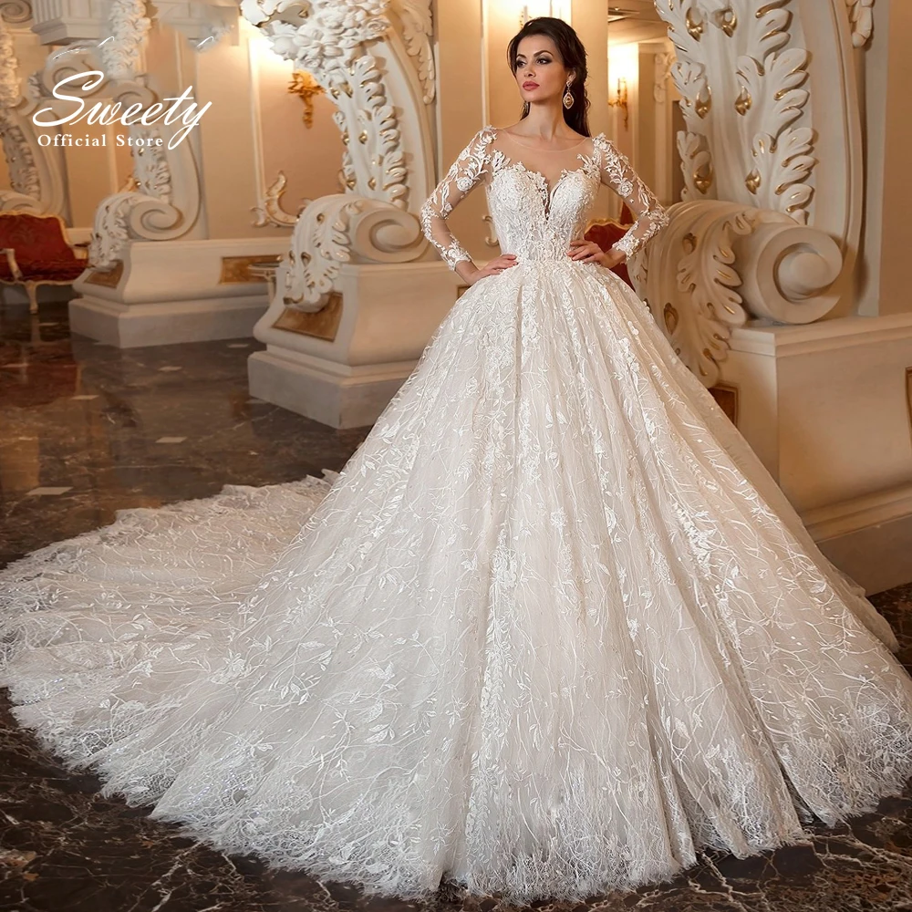 Abito da sposa di lusso pizzo ricamato su rete con abito da ballo o-collo manica intera abiti da sposa bottone Appliques Vestido De Novia