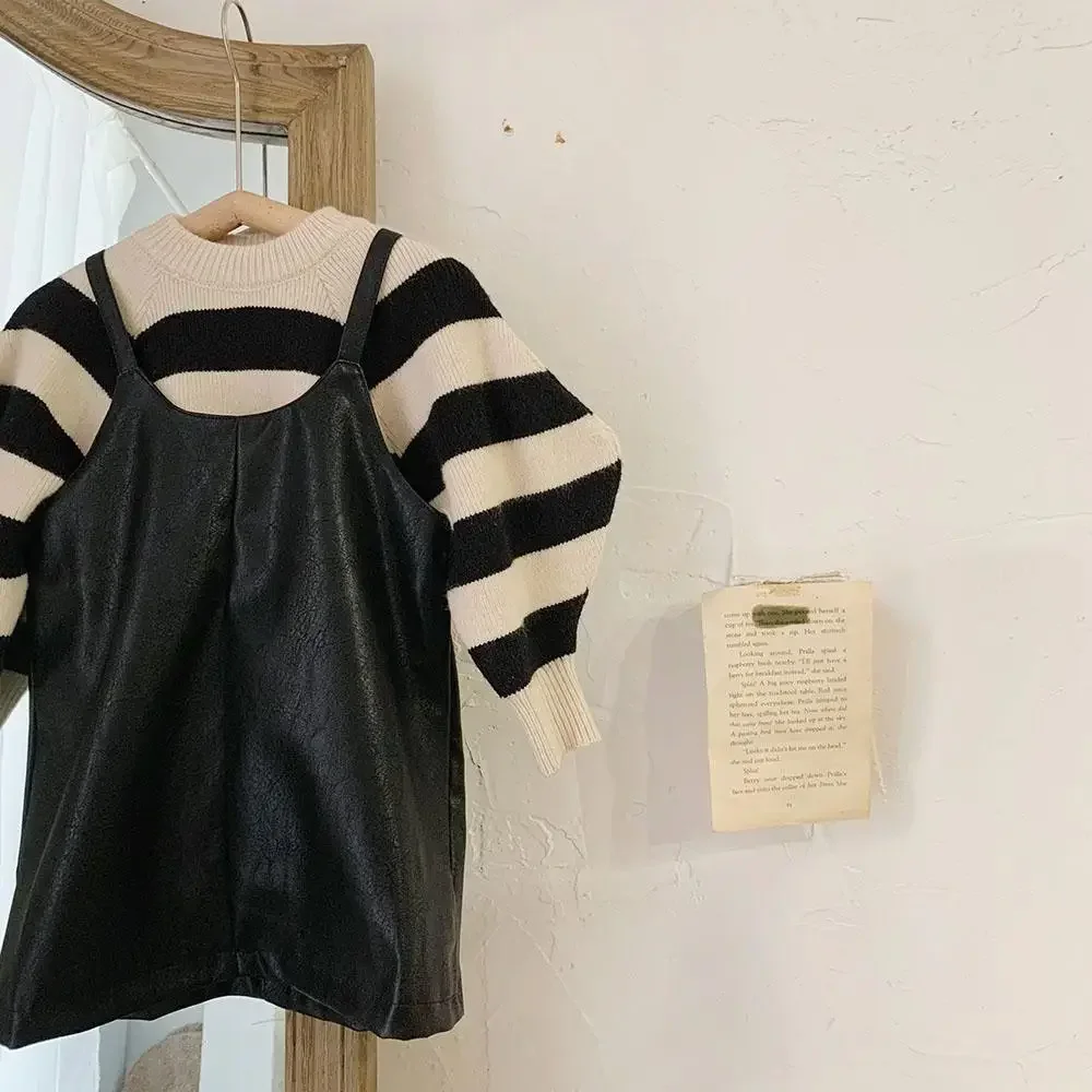 

Childrens Sets Clothing Girls Autumn Sweater Knitwear PU Leather Strap Skirt Fashion Korean Two Piece Set Striped