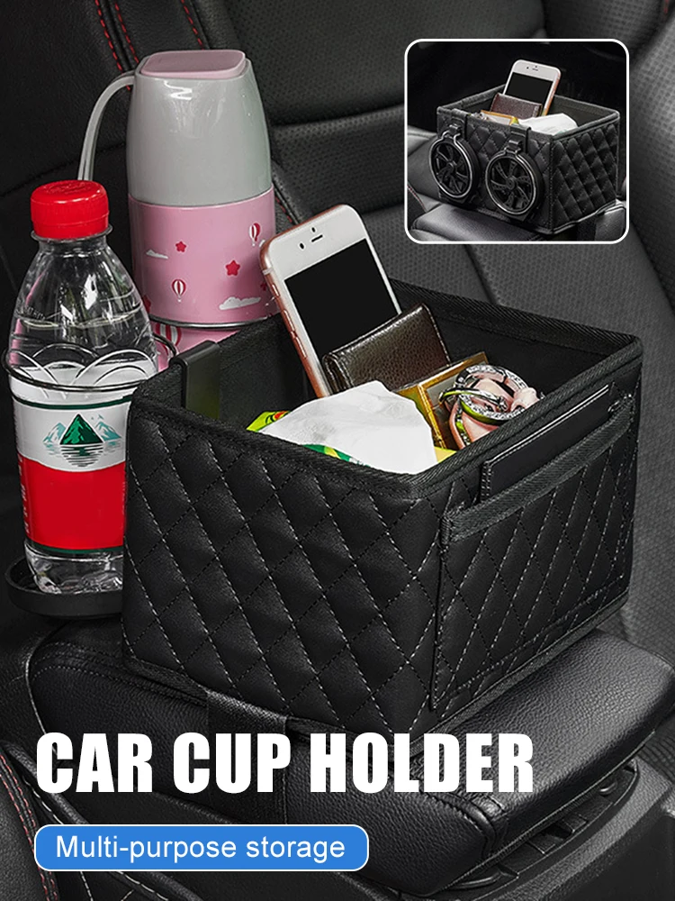 

Car Armrest Storage Box Microfiber Leather Multifunctional Tissue Holder with Folding Water Cup Holders Auto Interior Organizer