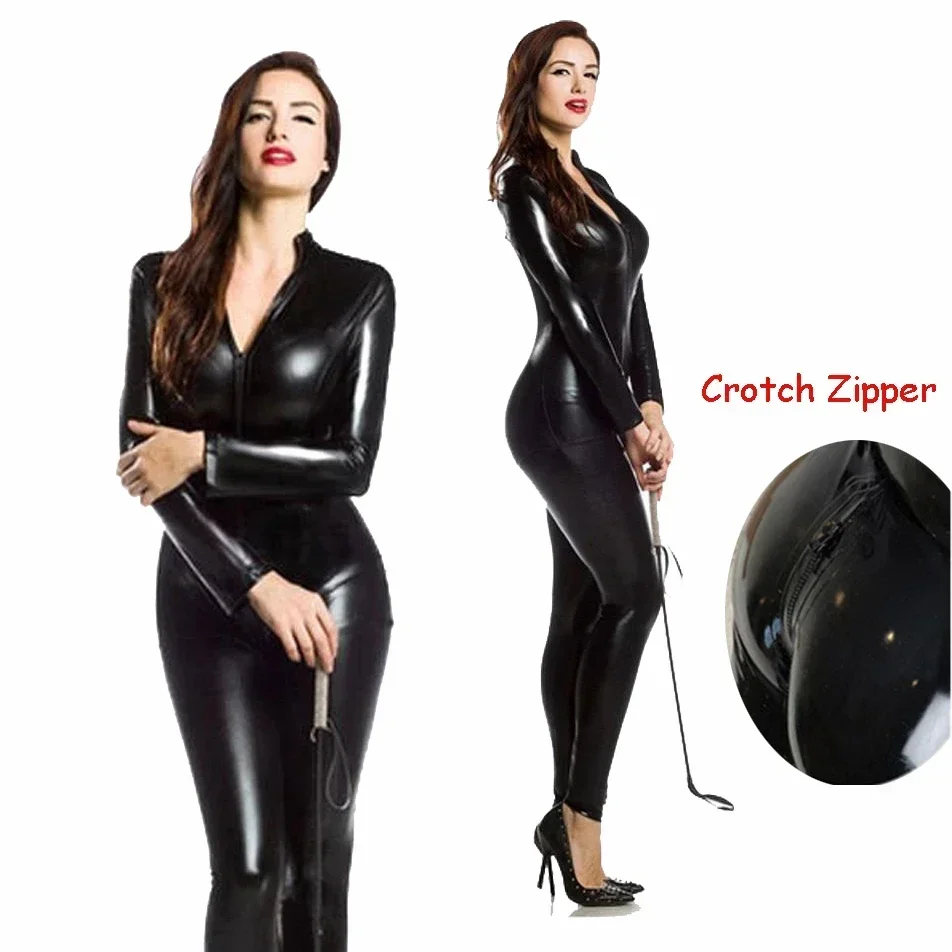 Latex Lingerie Sexy Wetlook Pvc Latex Bodysuit Voor Vrouwen Dubbele Rits Open Kruis Nachtclub Dans Slijtage