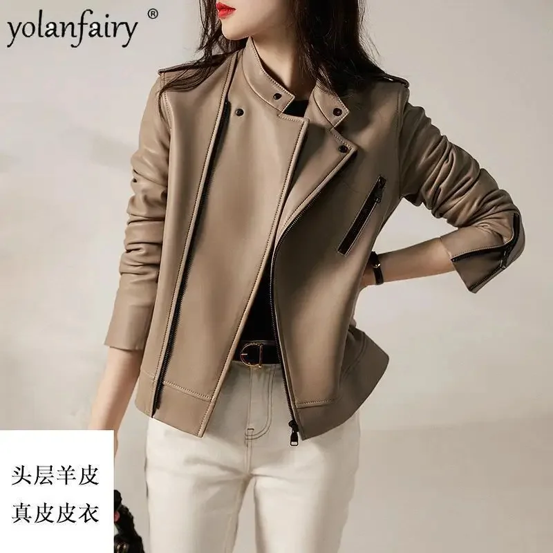 

2023 Autumn Genuine Leather Clothing Women's Jacket Short Khaki Motorcycle Sheepskin Coat Ladies Spring Aqueta De Couro