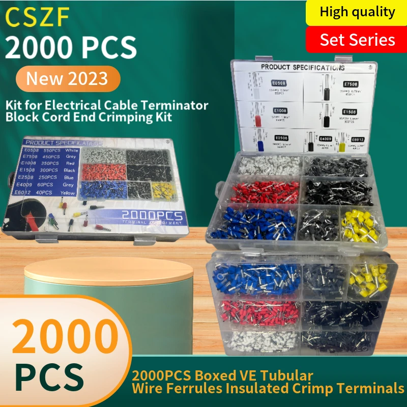 

2000PCS Boxed VE Tubular Wire Ferrules Insulated Crimp Terminals Kit for Electrical Cable Terminator Block Cord End Crimping Kit