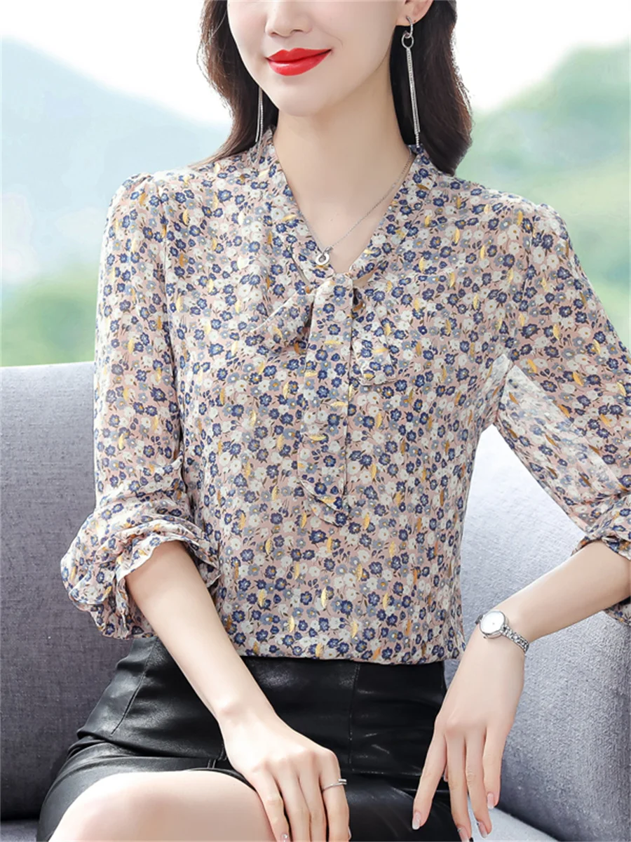 Women Spring Autumn Style Chiffon Blouses Tops Lady Casual Long Sleeve Bow Tie Collar Flower Printed Blusas Tops DF4355