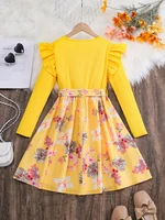 Printemps et automne hiver filles enfants filles, décontracté mignon doux pétale manches ceinture réglable numérique imprimé robe 2