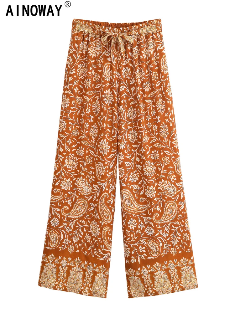 Vintage Chic femmes imprimé fleuri jambe large bohème Happie pantalon dames ceintures ample rayonne Boho pantalon Long surdimensionné 1 Vintage Chic femmes imprimé fleuri jambe large bohème Happie pantalon dames ceintures ample rayonne Boho pantalon Long surdimensionné 1