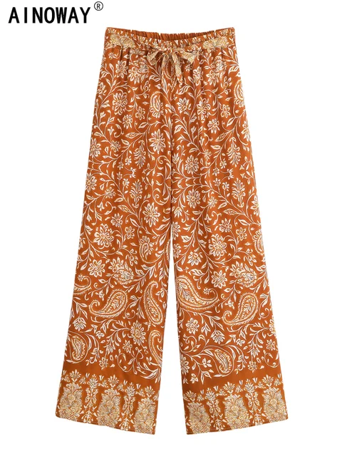 Vintage Chic femmes imprimé fleuri jambe large bohème Happie pantalon dames ceintures ample rayonne Boho pantalon Long surdimensionné 1