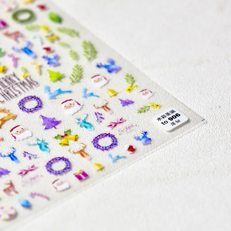 

[Meow.Sensei] Thin Tough 906 Hot Adhesive Cute Nail Sticker Japanese Style 5d Nail Sticker Watercolor Christmas