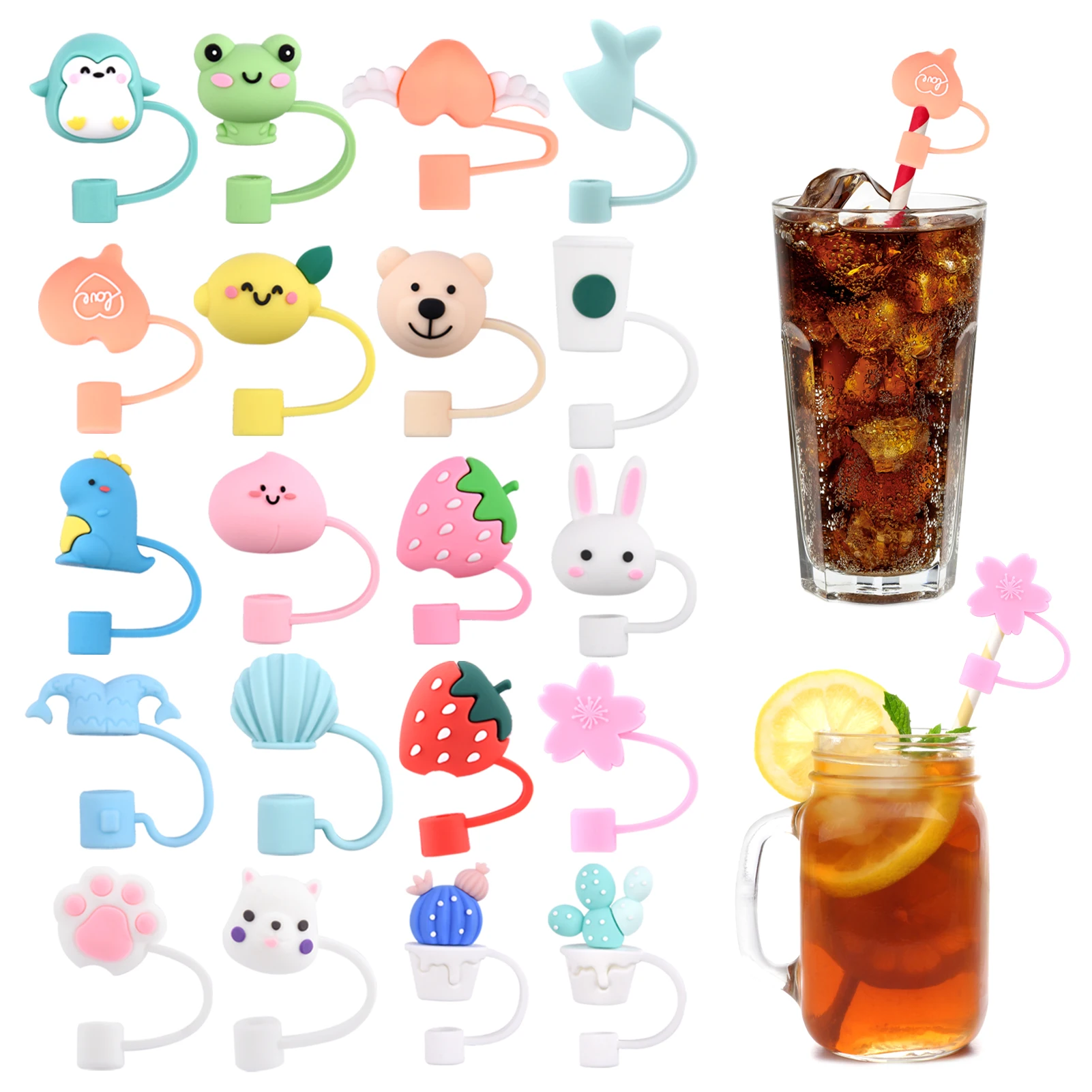 

20pcs Reusable Tip Cap Lid Cute Cartoon Tumbler Party Plug Indoor Outdoor Drinking Straw Cover Portable Dust Proof Protector