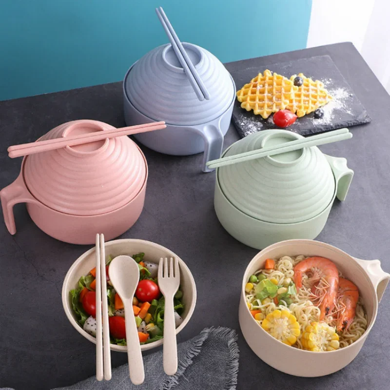 

1 Set Cute Noodles Bowl with Lid Handle Dinnerware Wheat Straw Style Soup Bowl Microwavable Bowl